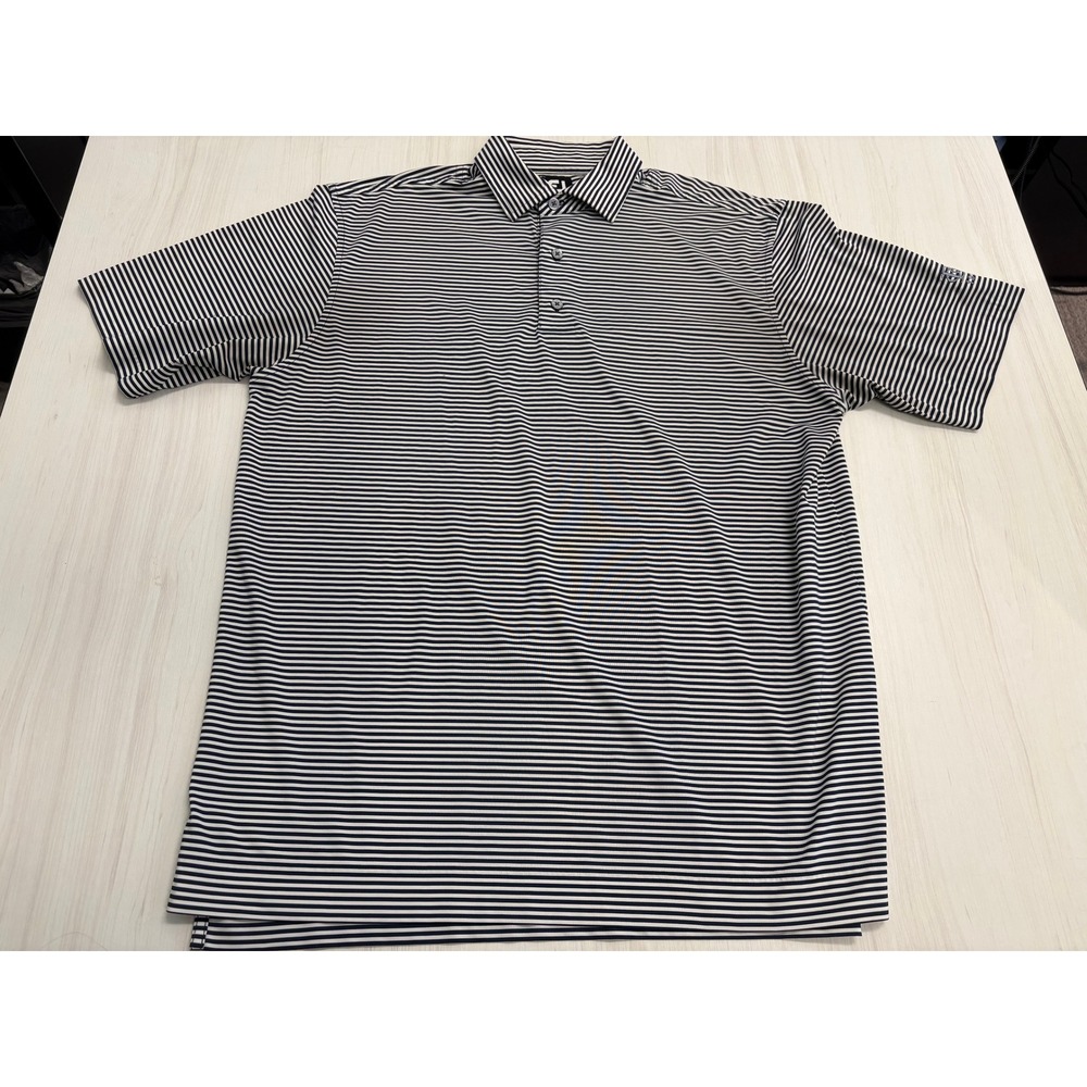 FootJoy Golf Polo Shirt Men's XL White Navy Stripe Castle Bay Logo Stretch